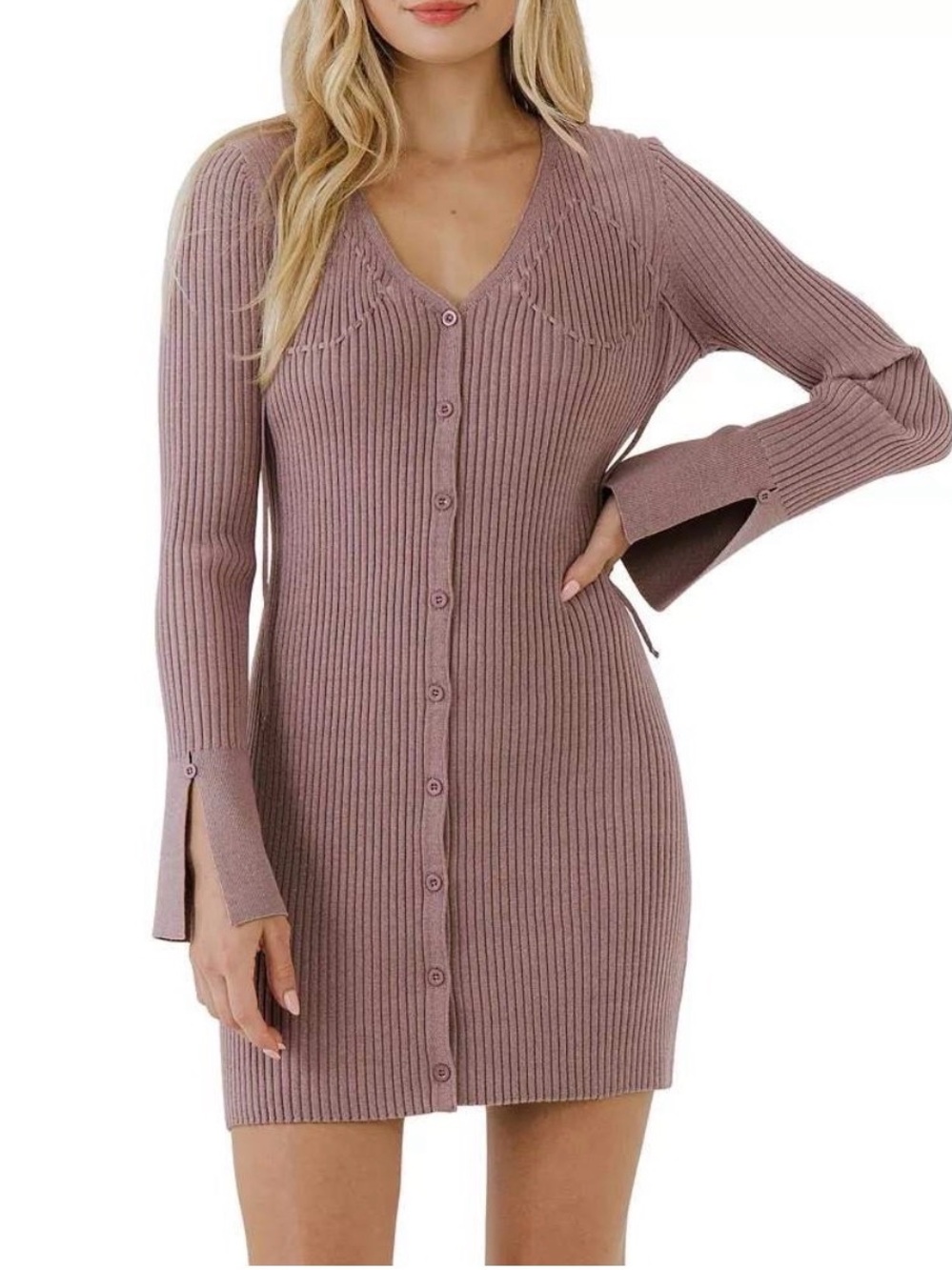 Free the Roses- Ribbed Button-Front Sweater Knit Dress in Mauve